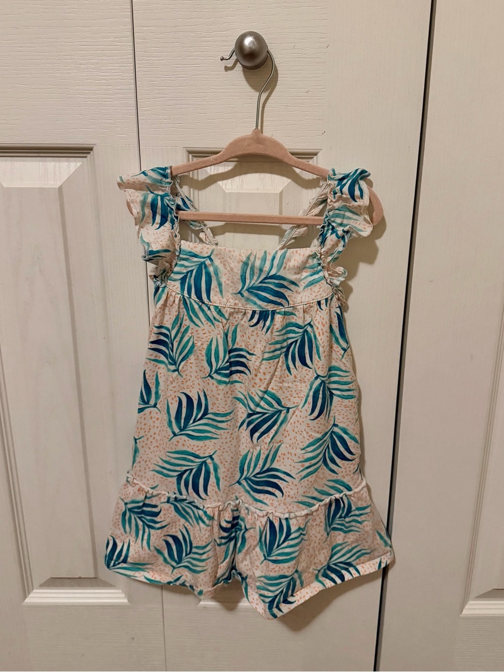 Zara Cream Romper with Blue & Teal Leaf Print